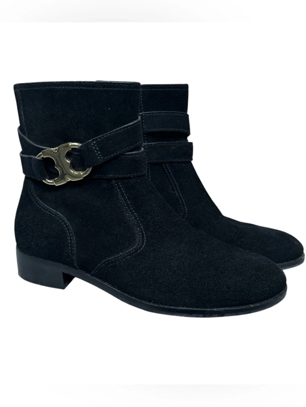 Tory Burch Gemini Suede Ankle Boots Size 7 US Black Gold Logo Luxury Minimalist